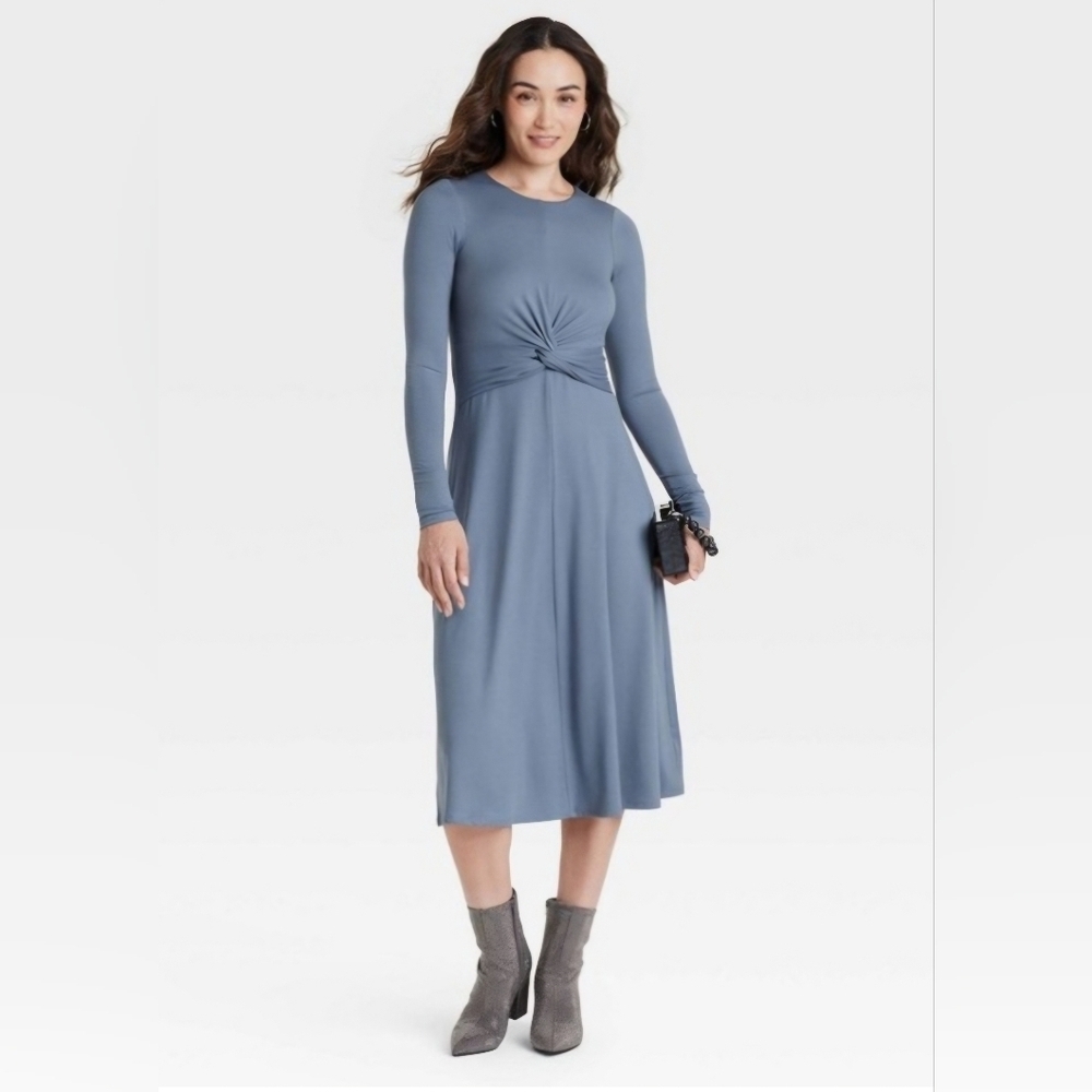 a new day Twist Front Long Sleeve Dress in Dusty Blue